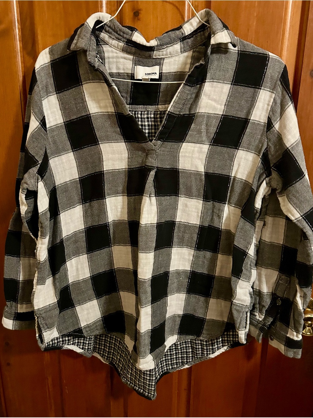 Sonoma Women's Black White Grey Plaid Long Sleeve Popover - XL